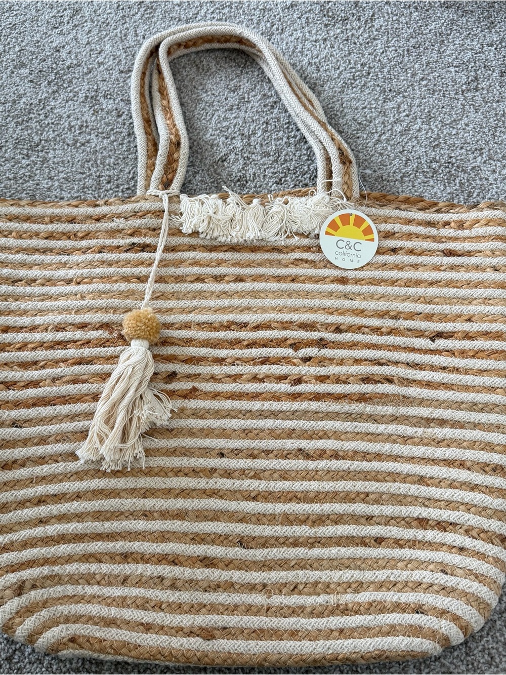 C&C California Cream and Tan Striped Straw Jute Tote with Tassel